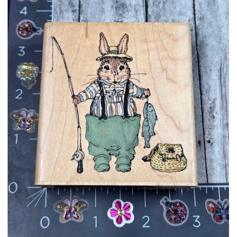 Uptown Holly Hill Edmund Fishing Rabbit Rubber Stamp Wood #V22